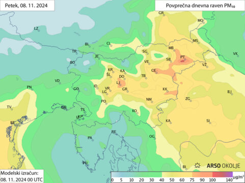 Slika 9: Primer CAMx modelske napovedi povprečne dnevne vrednosti delcev PM10